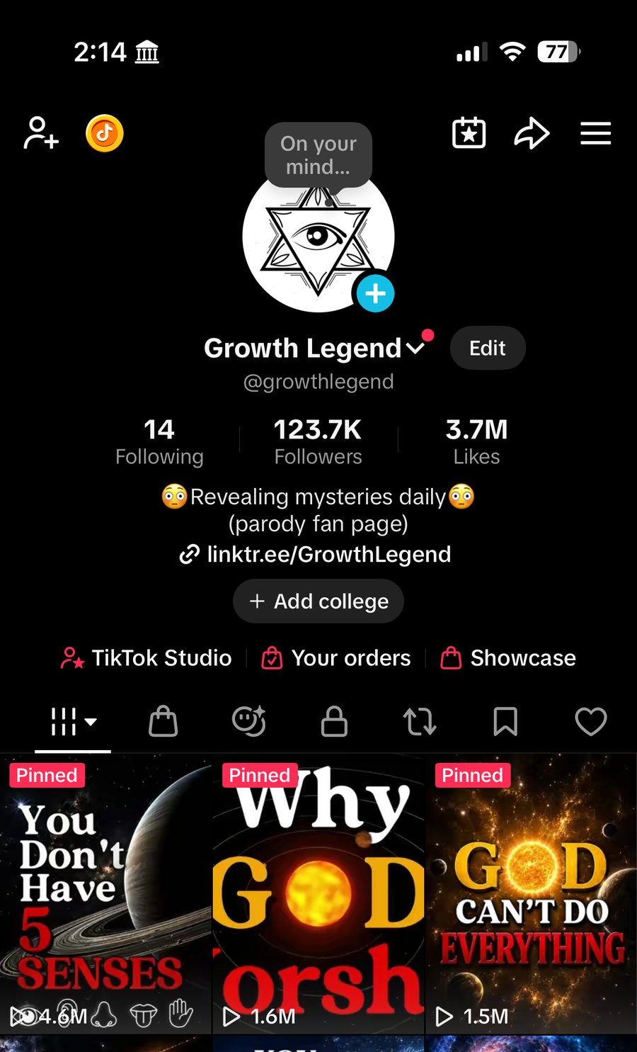 TikTok profile for GrowthLegend showing 123.7K followers and pinned videos with 4.6M, 1.6M, and 1.5M views.